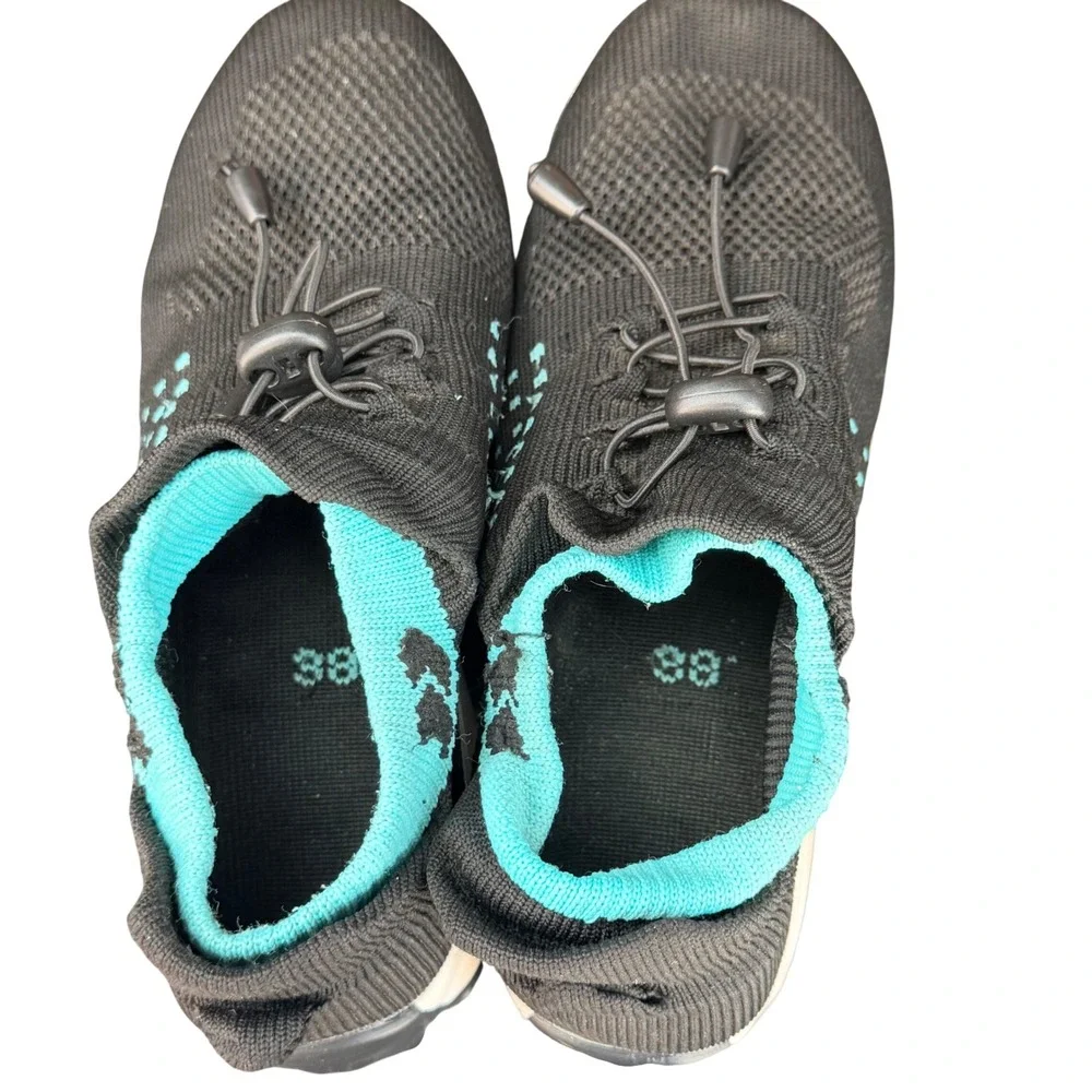 Walking Shoes Womens 38 Black Teal Knit Bungee Lace Air Cushion Sneakers